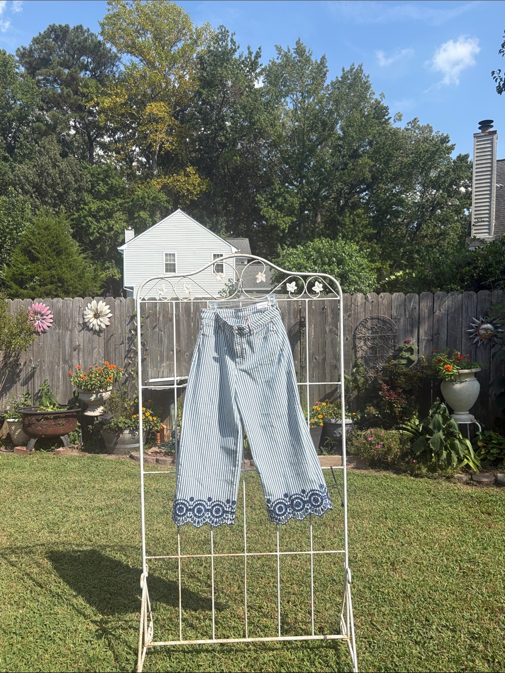 Chico's Blue and White Striped Tie-Waist Cropped Jeans with Navy Embroidered Hem